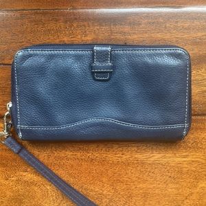 Tiganello navy super soft genuine leather zip open wallet wristlet.